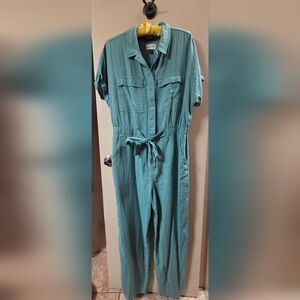 Universal Thread Teal Short-Sleeve Tie-Waist Utility Jumpsuit with Pockets